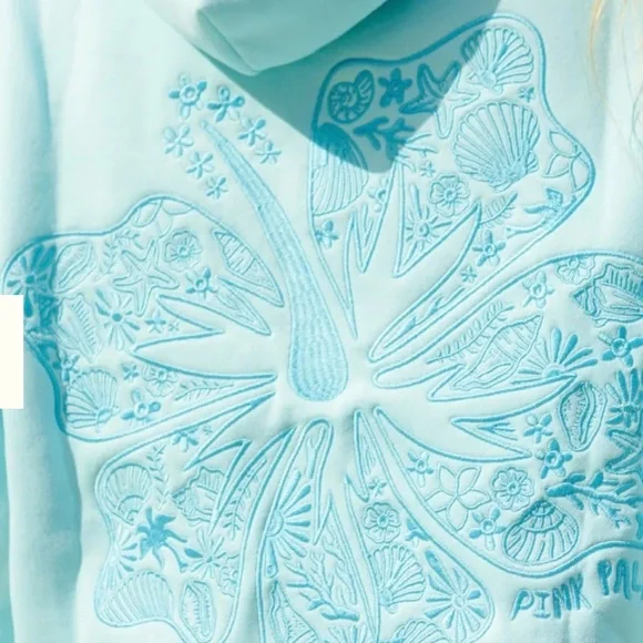 Pink palm puff Light Blue Hoodie with Palm Tree and Shell Design - Picture 2 of 6